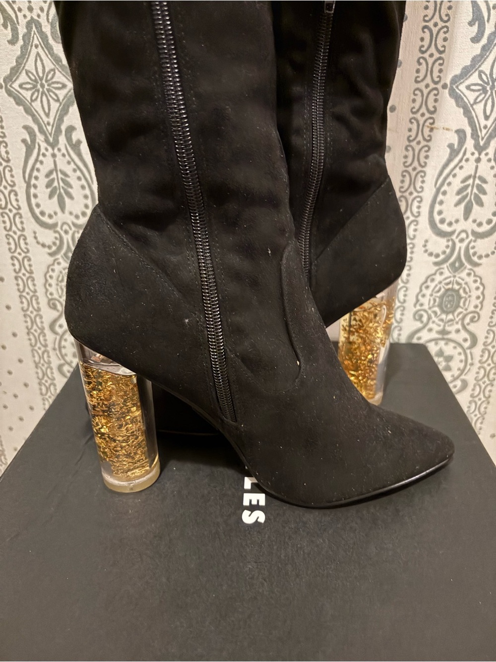 Black Suede Over the Knee Boots with Gold Glitter Block Heel NEW